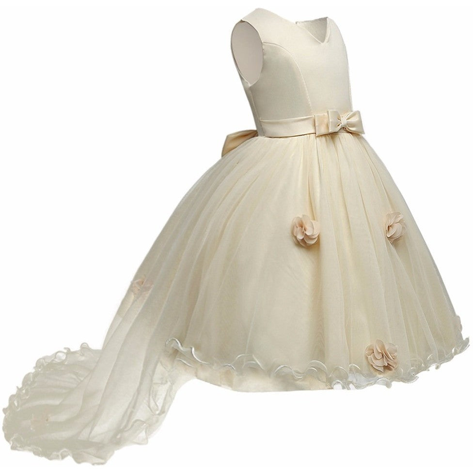 Bonnie - Classic Flower Girl Dress with Train, Ribbon Waist and Flowers