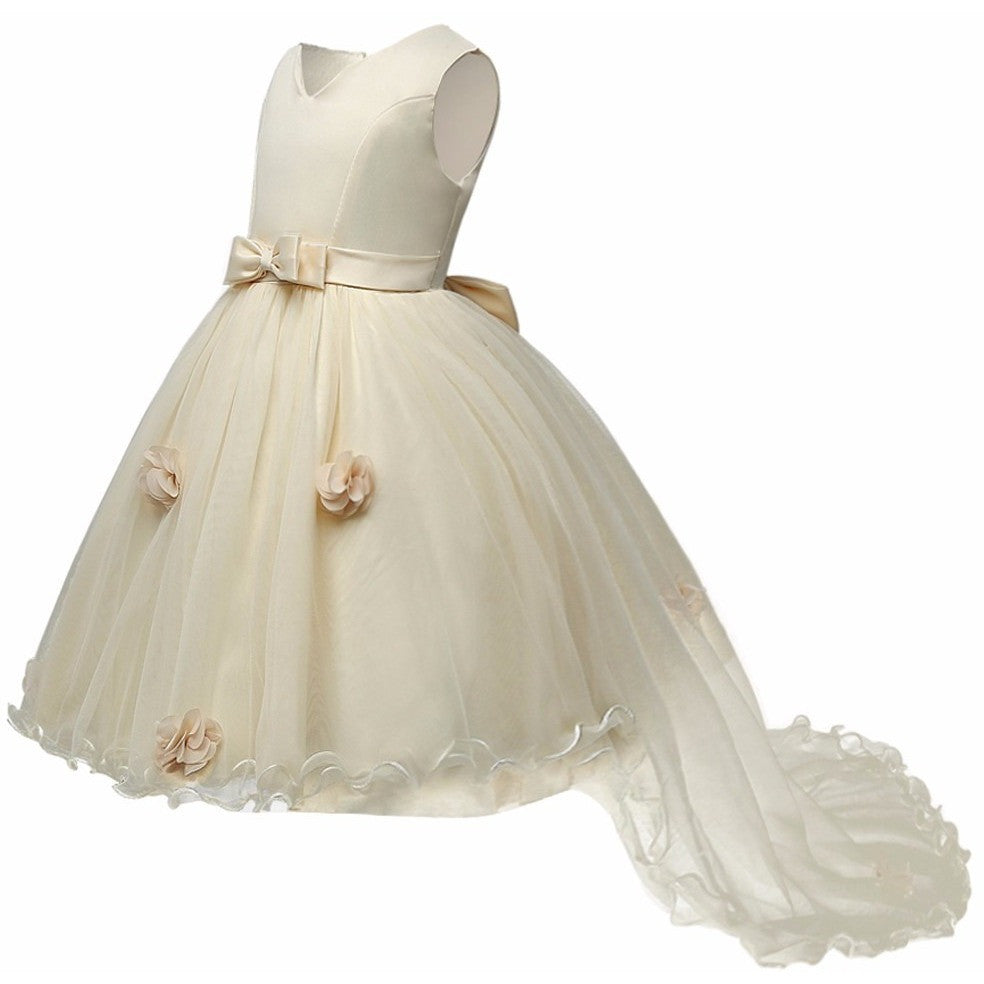 Bonnie - Classic Flower Girl Dress with Train, Ribbon Waist and Flowers