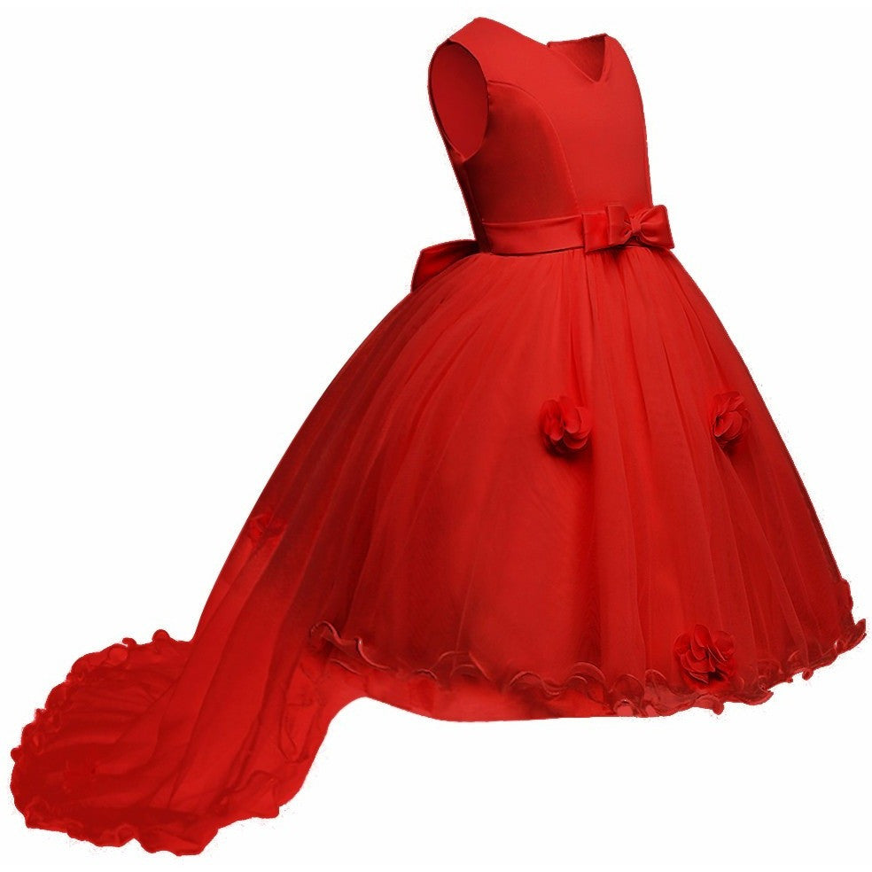 Bonnie - Classic Flower Girl Dress with Train, Ribbon Waist and Flowers