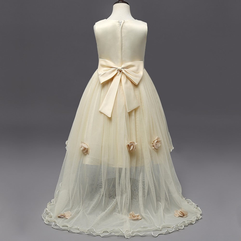 Bonnie - Classic Flower Girl Dress with Train, Ribbon Waist and Flowers