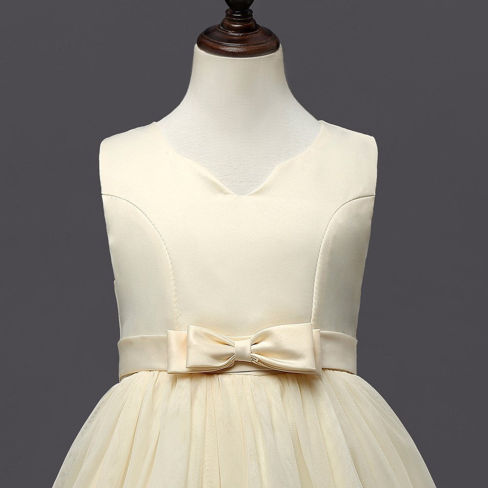 Bonnie - Classic Flower Girl Dress with Train, Ribbon Waist and Flowers