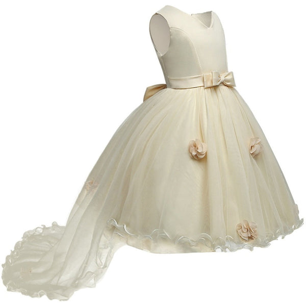 Bonnie - Classic Flower Girl Dress with Train, Ribbon Waist and Flowers