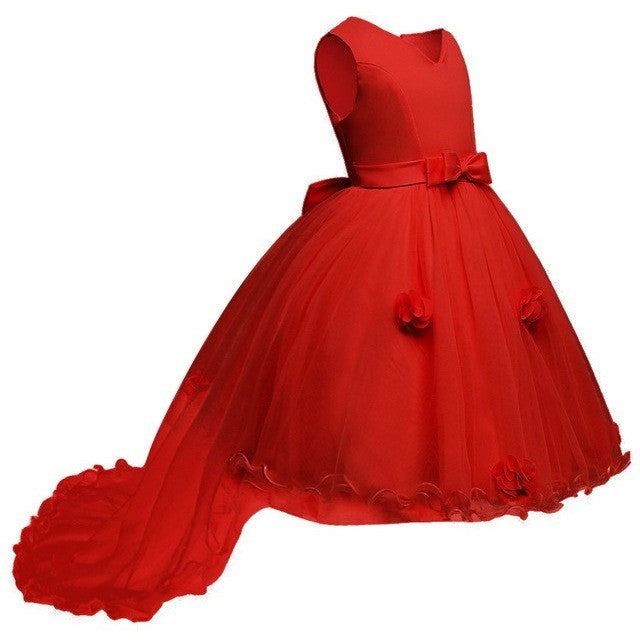 Bonnie - Classic Flower Girl Dress with Train, Ribbon Waist and Flowers