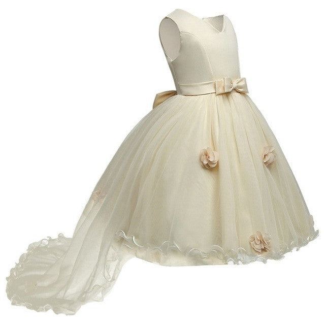 Bonnie - Classic Flower Girl Dress with Train, Ribbon Waist and Flowers