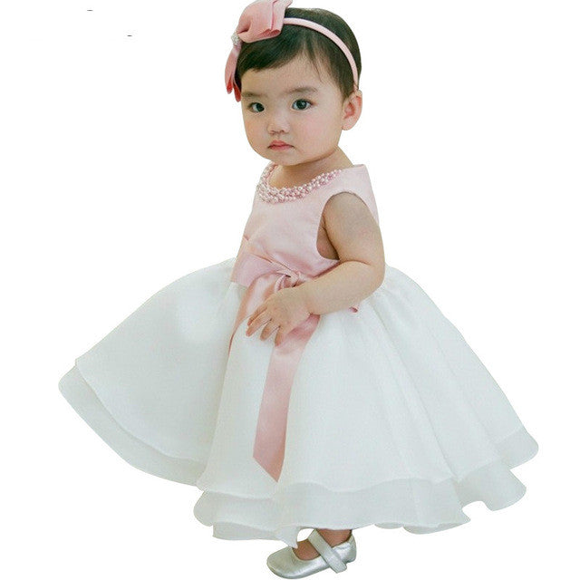 Annie - Pink Satin and White Organza Flower Girl Dress with Beaded Neckline
