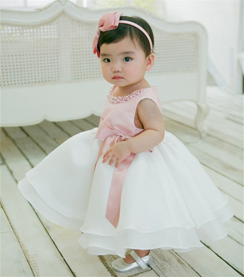 Annie - Pink Satin and White Organza Flower Girl Dress with Beaded Neckline