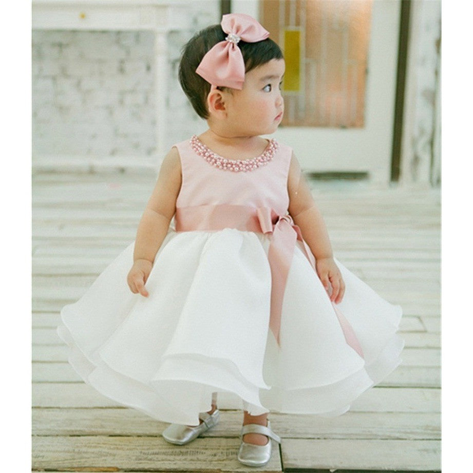 Annie - Pink Satin and White Organza Flower Girl Dress with Beaded Neckline